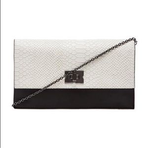BCBG Crocodile Shoulder Handbag Clutch Evening Sleek Chain Black White Penelope